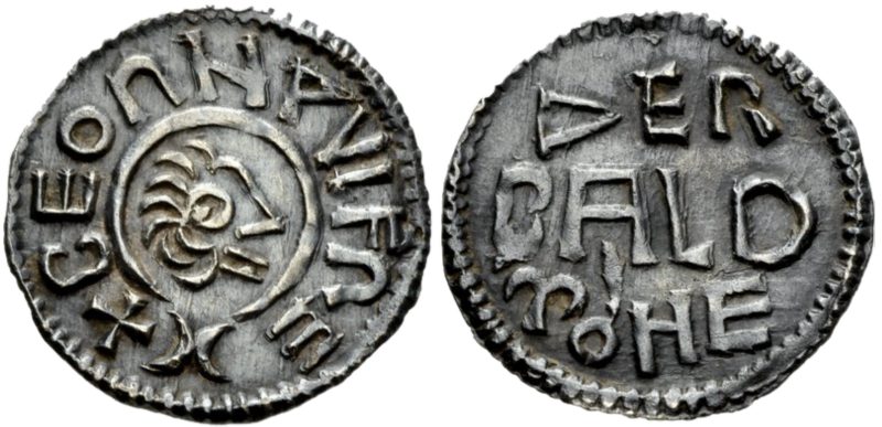 Both faces of a silver penny, a crude profile head on one side and the moneyer's name in three lines on the other.