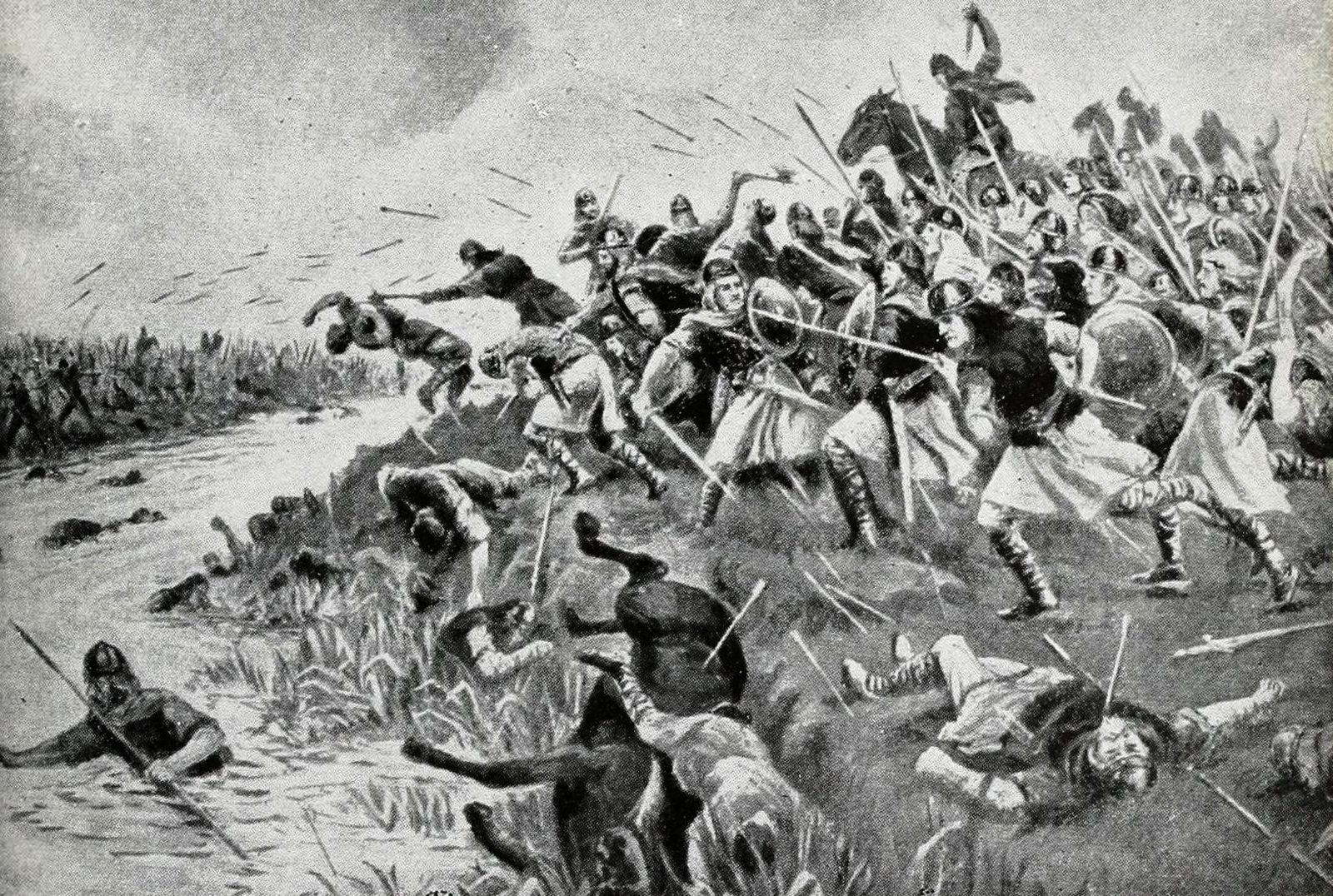 A black-and-white illustration of armed men charging along a river bank, bodies in the water.