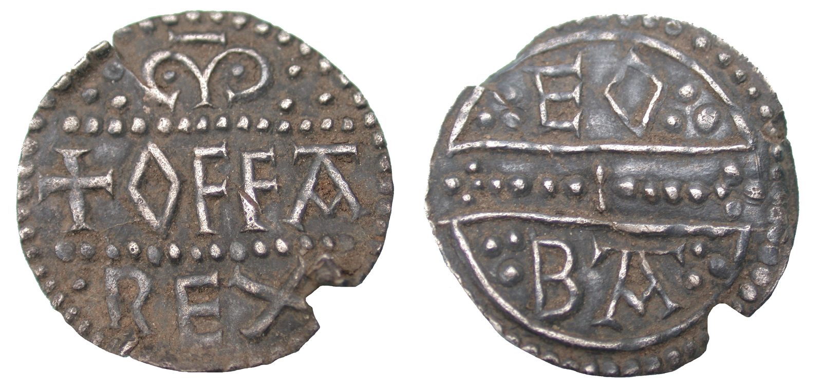 Both faces of a silver penny reading OFFA REX, with the moneyer's name EOBA on the reverse.