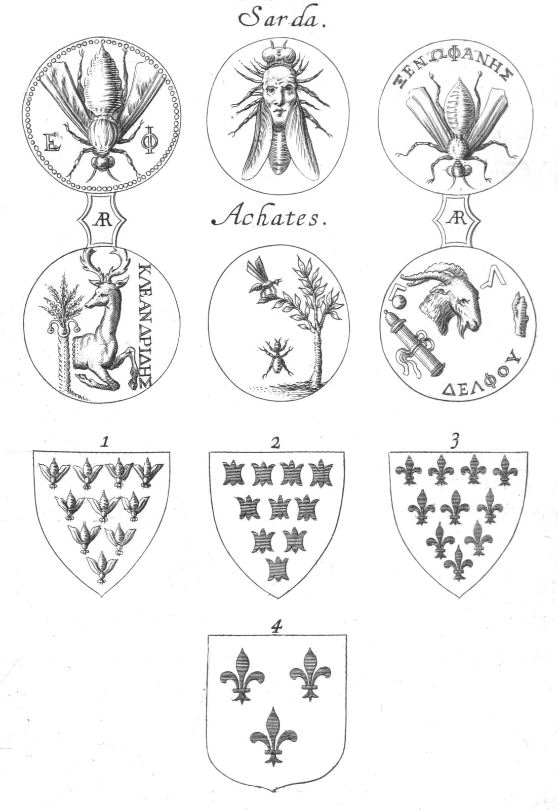 An engraved book plate: two rows of oval gems drawn in outline with their devices and Greek lettering, and below them four heraldic shields, the first powdered with small insect shapes and the last bearing three fleurs-de-lis.