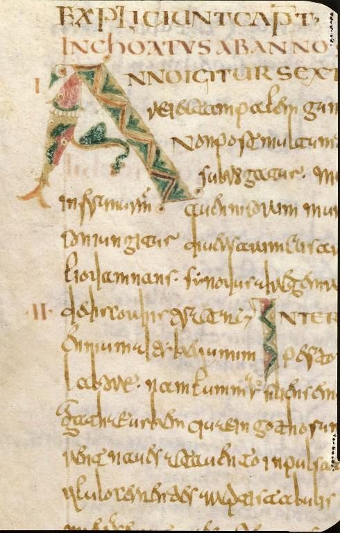 A manuscript page with a large ornamented initial A at the head of a block of early medieval script, the letter filled with interlace.