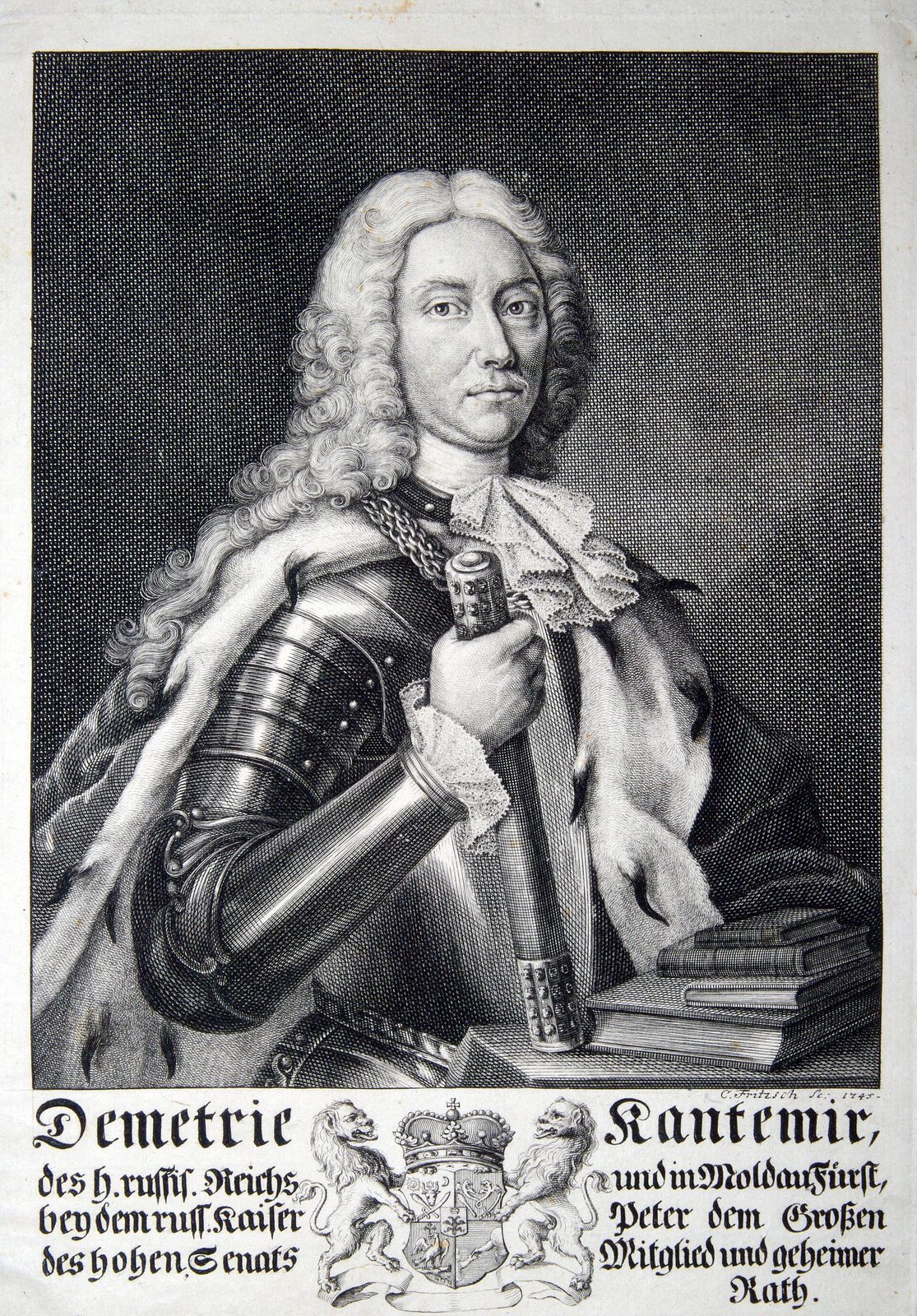 An engraved portrait of a man in a long wig and armour, a German caption and coat of arms below.