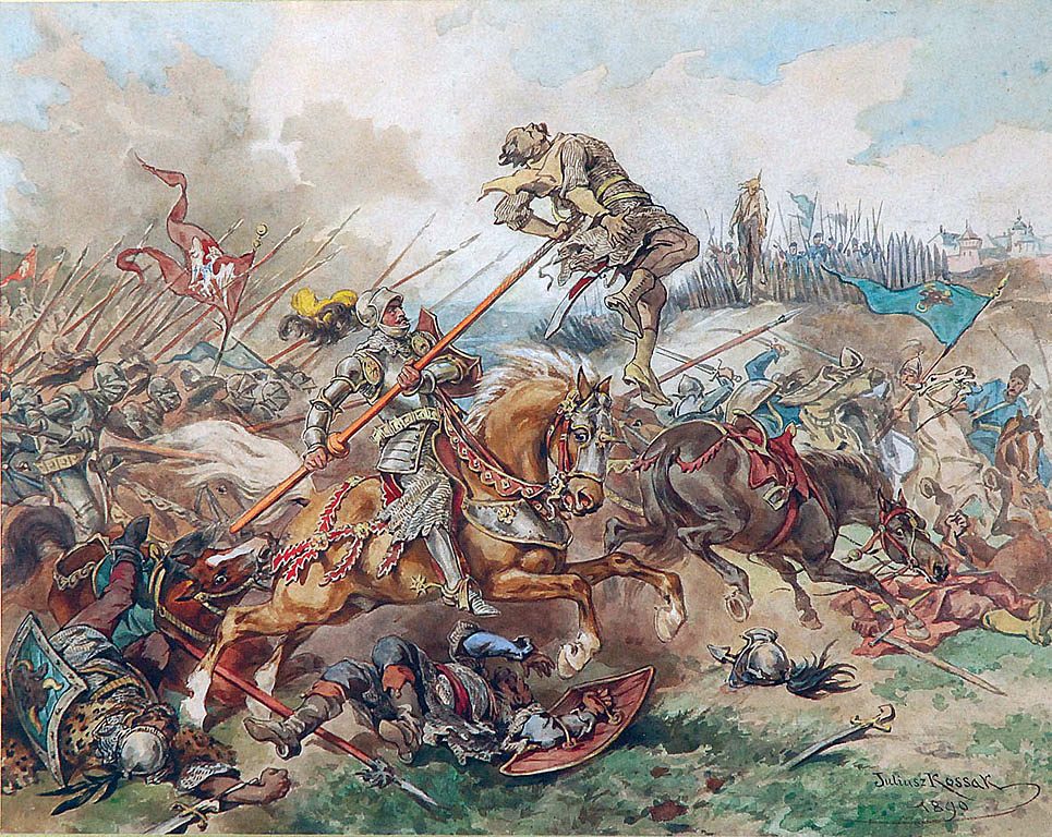 A watercolour of armoured knights with lances and banners charging over fallen men.