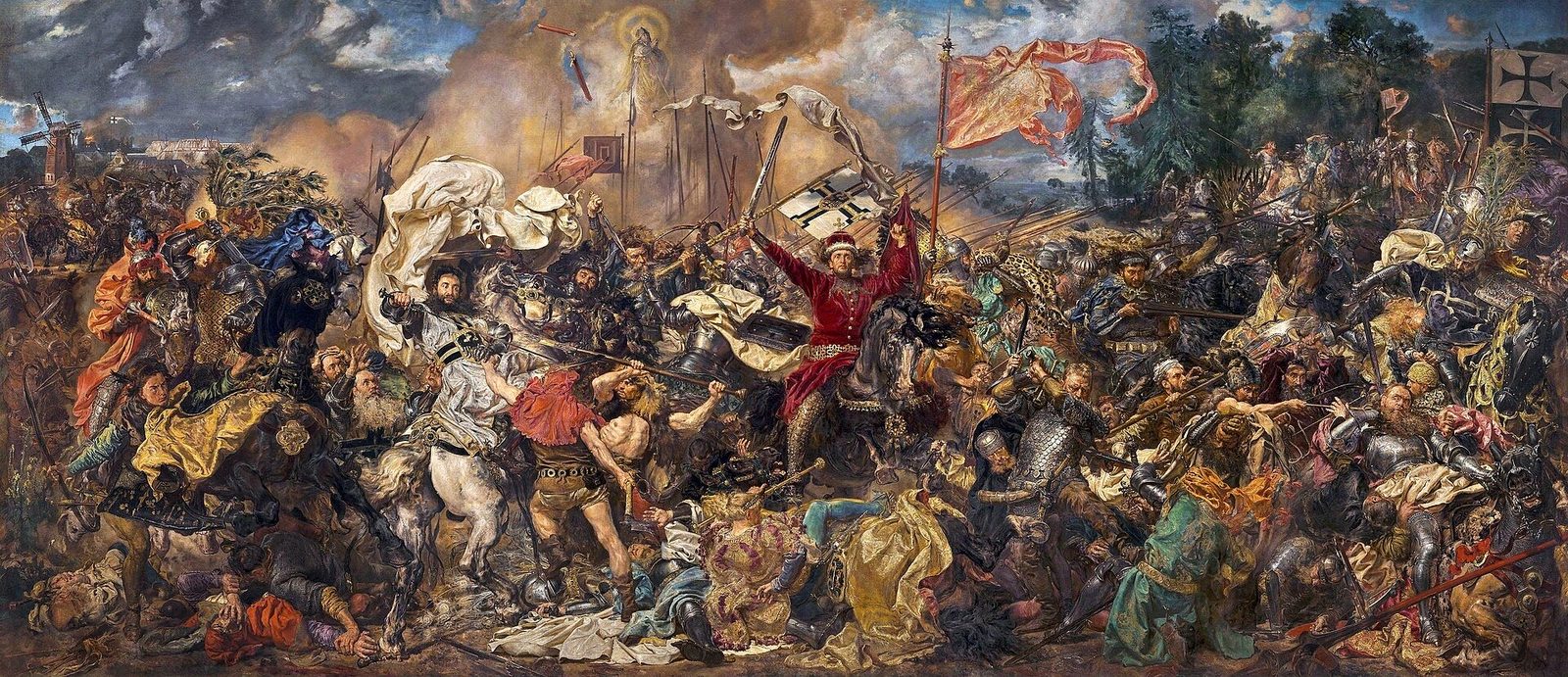 A huge crowded battle painting of knights and foot soldiers locked together under banners.