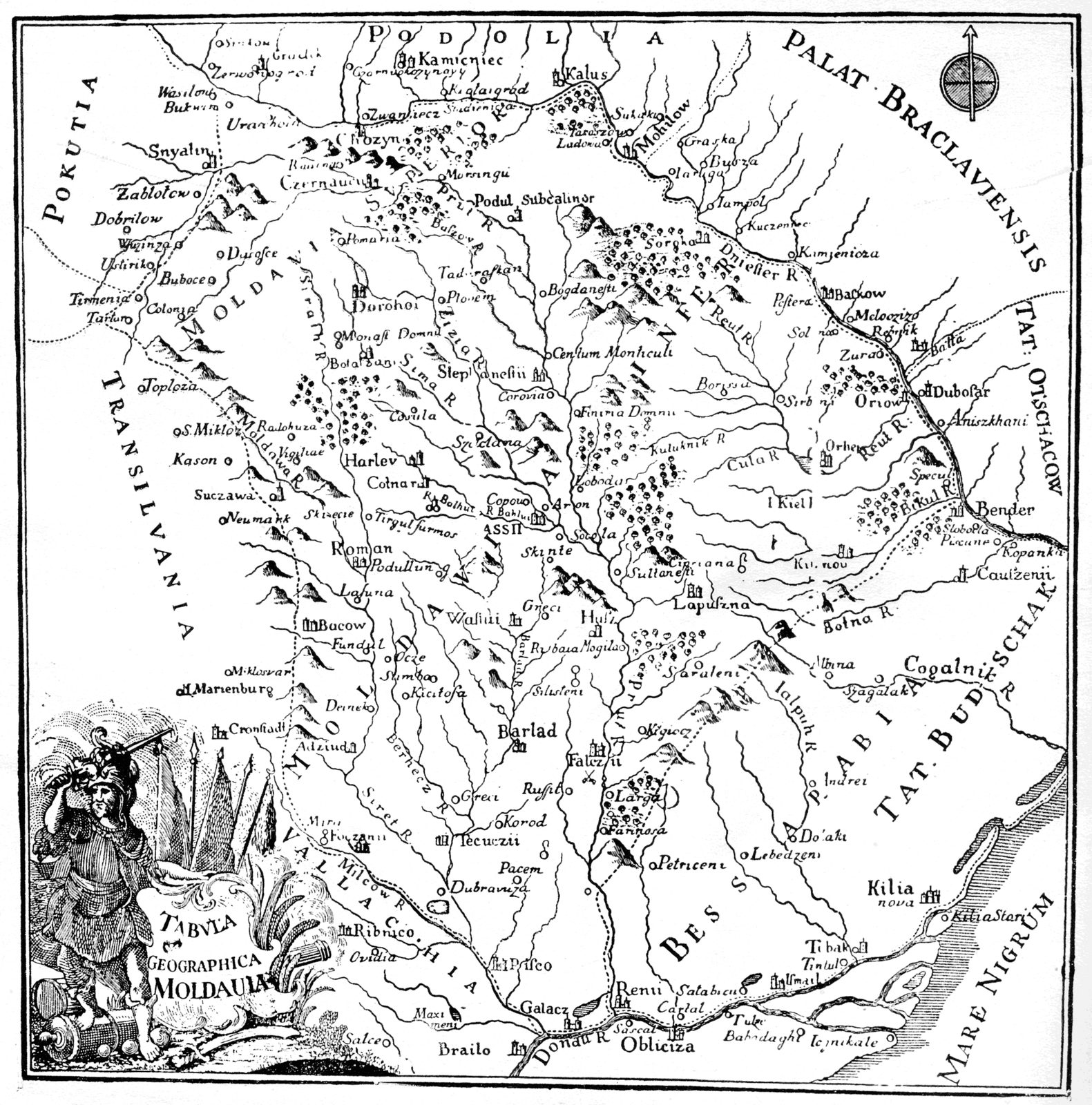 An engraved map of Moldavia between the Carpathians and the Black Sea, crowded with rivers, towns and forests.