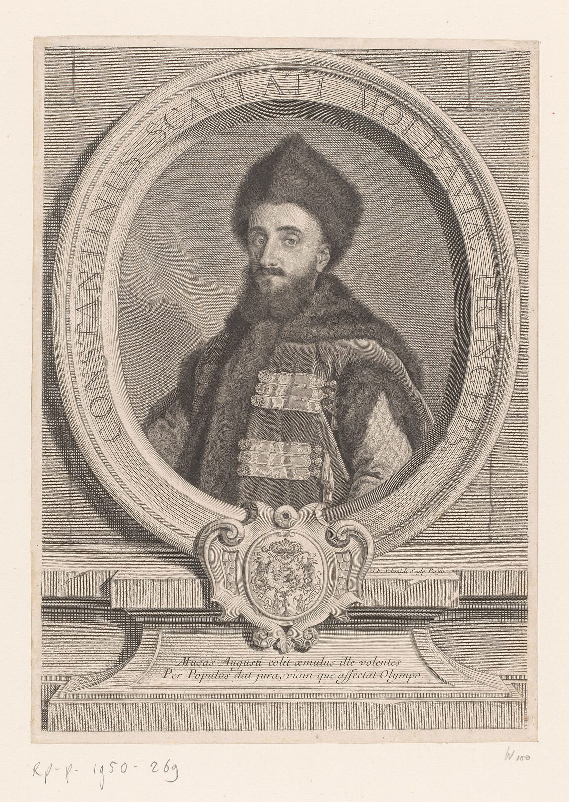An engraved oval portrait of a bearded prince in a fur cap and furred robe.