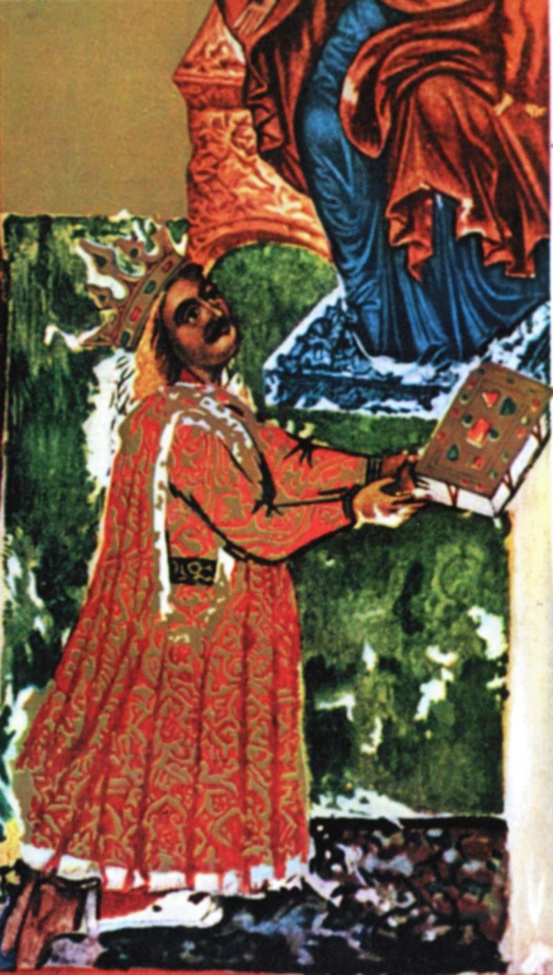 A manuscript miniature of a crowned prince in a red patterned robe offering a book.