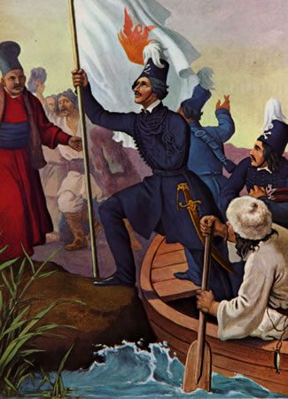 A painting of an officer in a boat holding a banner as he is rowed across a river, his followers around him.
