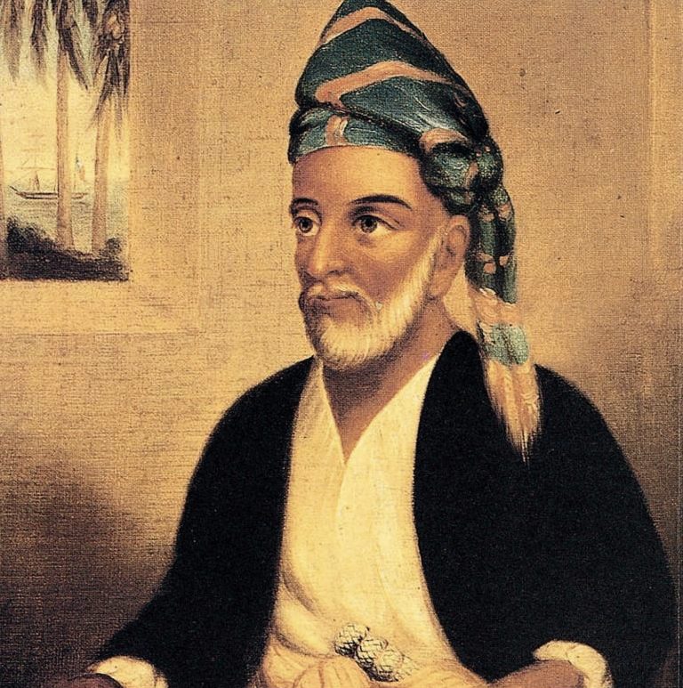 A painted portrait of a white-bearded man in a striped turban and dark robe.
