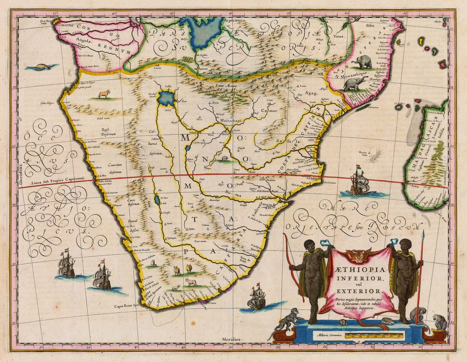 A hand-coloured map of southern Africa with rivers, small towns and ships, a decorative cartouche at the lower right.