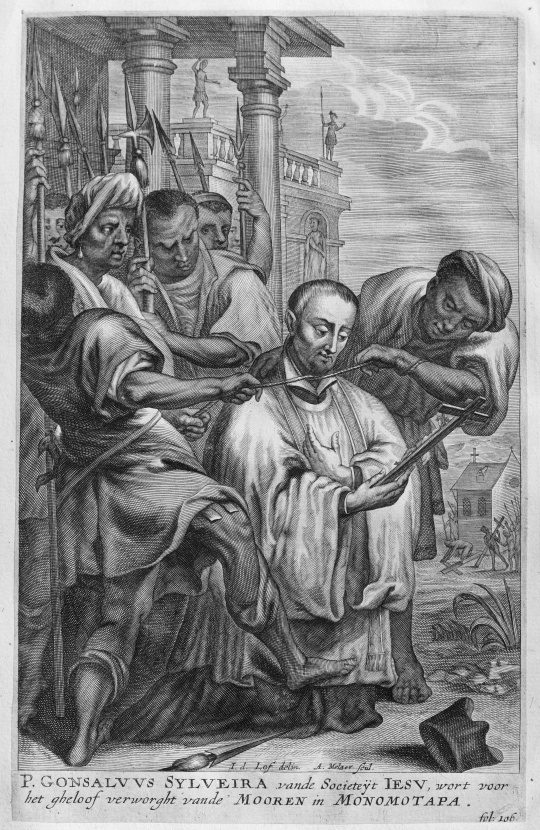 An engraving of a priest in a cassock being strangled with a cord by several men, onlookers behind.