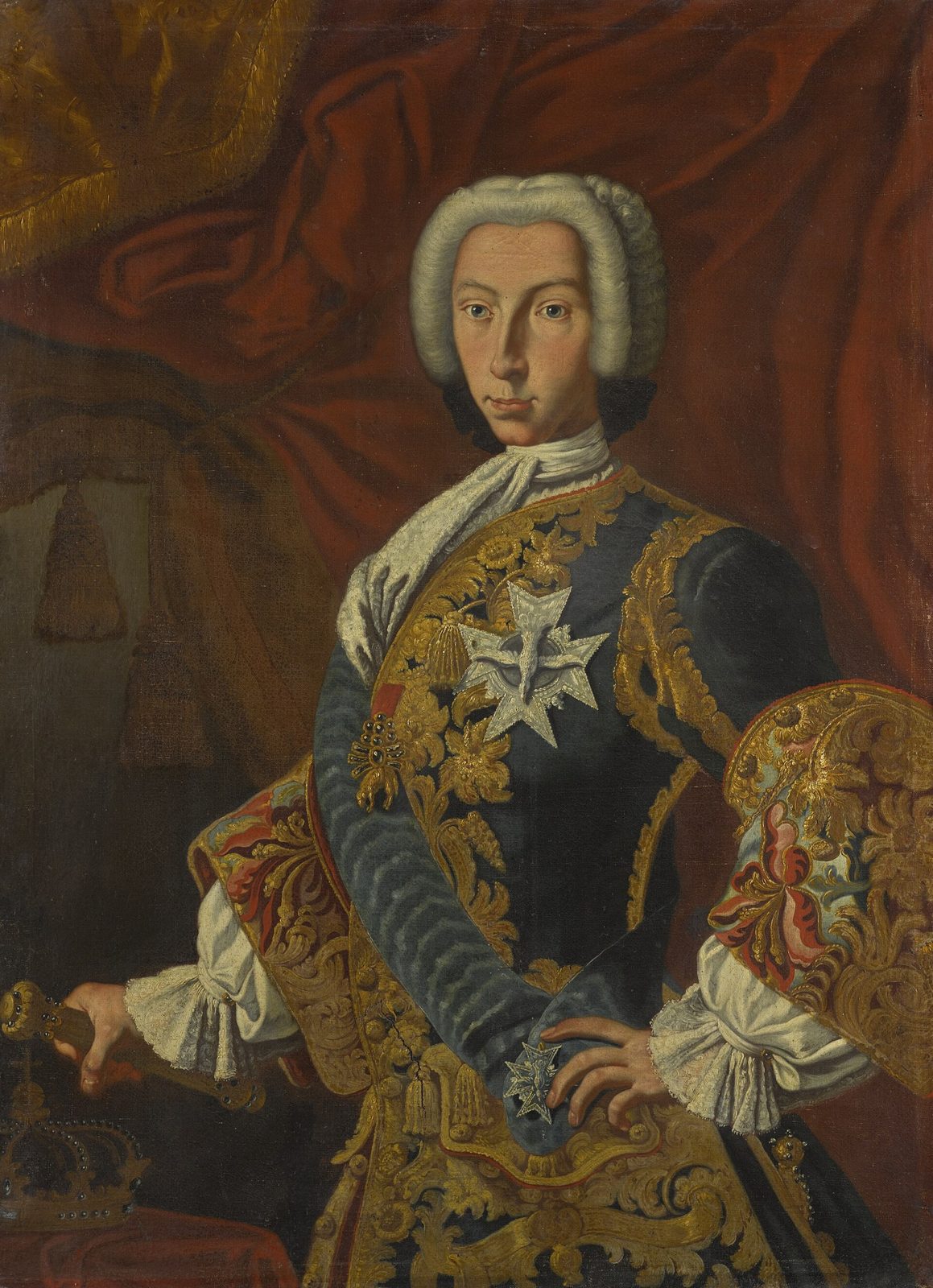 A painted three-quarter portrait of a young man in a dark coat with heavy gold embroidery, a pale sash and a star of an order on his breast, a powdered wig and a red curtain behind.