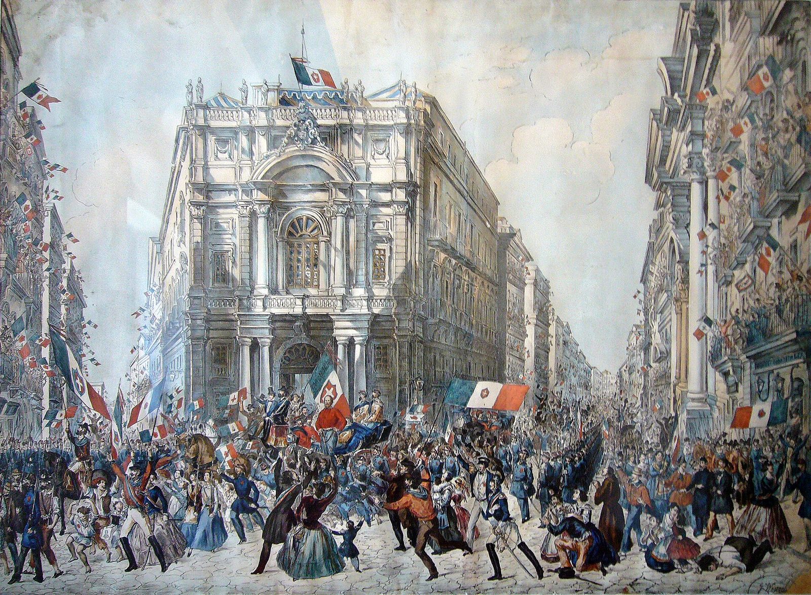 A crowded street scene in watercolour: a dense mass of people filling a long avenue under a tall church front, tricolour flags held up on all sides, and figures leaning from every balcony and window.