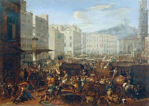 A painting of a market square in uproar: an arcaded building and a church front at the right, overturned carts and barrels in the foreground, horsemen riding into a scattering crowd, and bodies on the ground among the stalls.