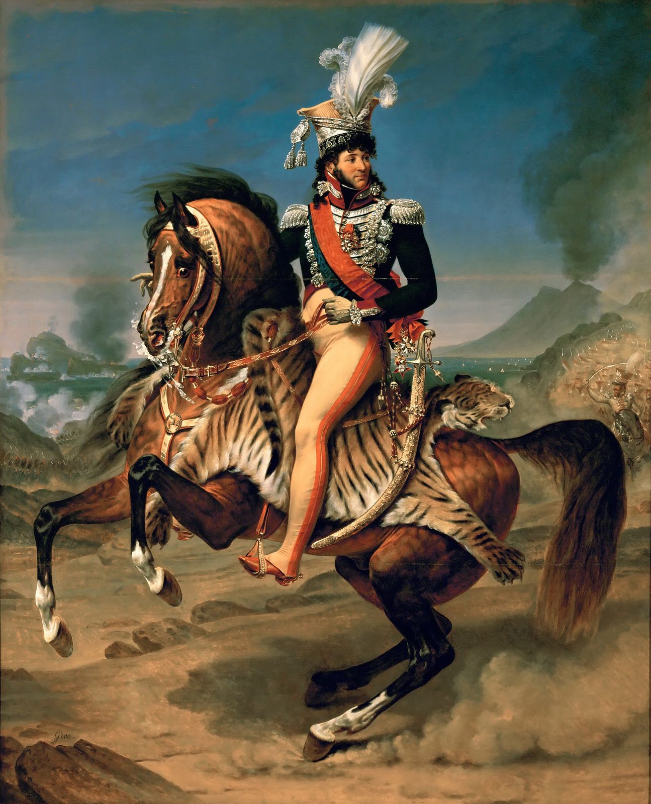 An equestrian painting: a cavalry officer in a dark plumed hat and heavily braided uniform reins in a rearing horse, sabre at his side, with a smoking volcano on the shore behind him.