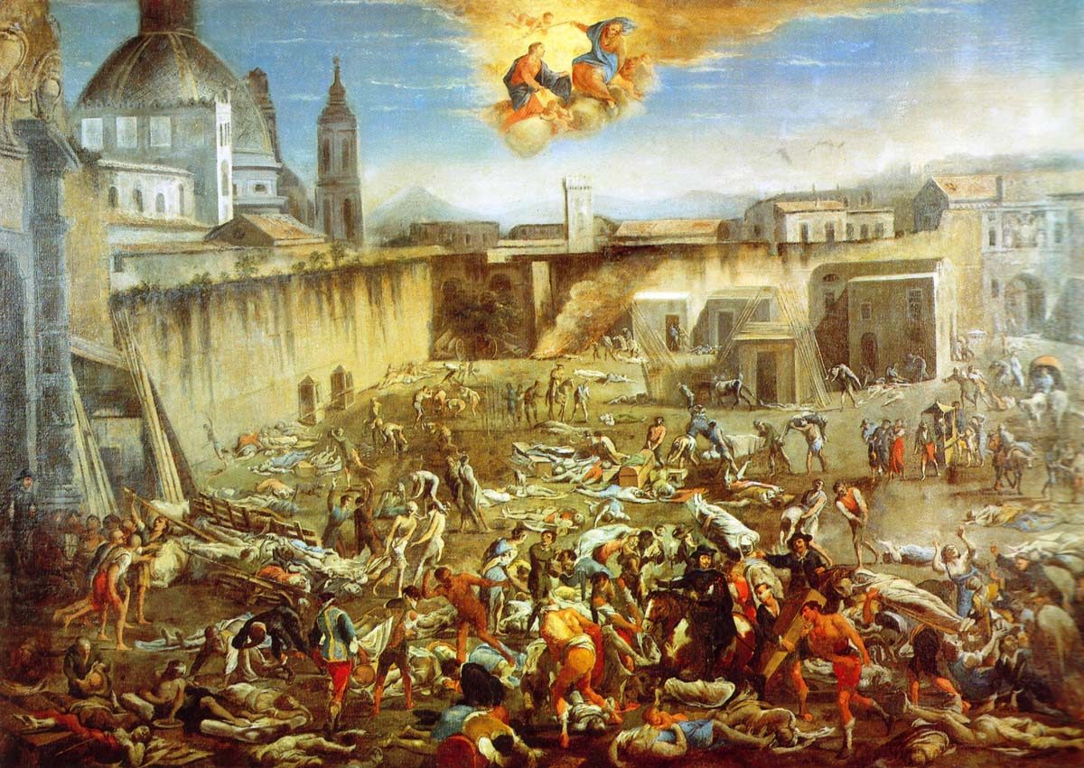 A painting of a city square heaped with naked corpses and dying figures, carts and bearers moving among them, smoke rising against the buildings behind, and saints and angels appearing in the sky above.