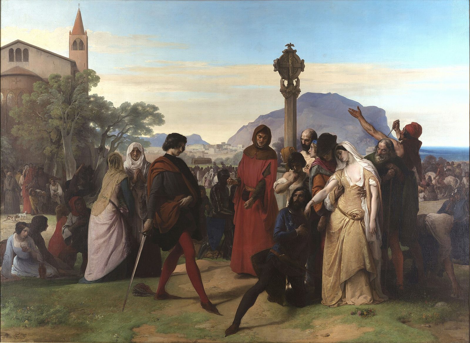 A painting of a crowd outside a town: men in doublets and hose crowding forward with drawn blades, a woman in white being pulled away at the centre, a body on the ground at the left, and a tall column and a bare headland behind.
