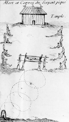 A pen drawing of bearers carrying a body on a litter along a looping dotted path toward a temple.