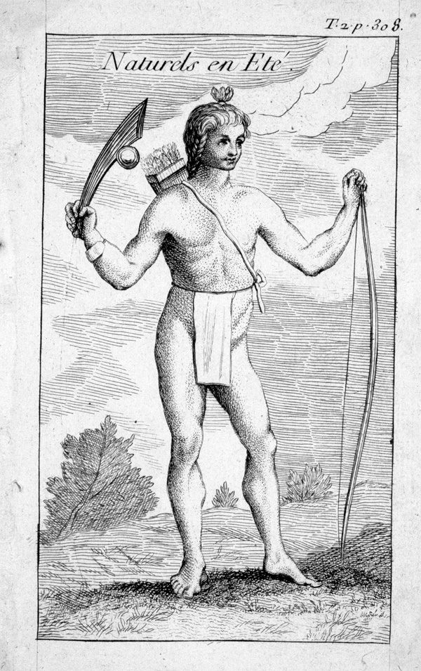 An engraving of a tattooed man in a breechcloth holding a bow and a club.