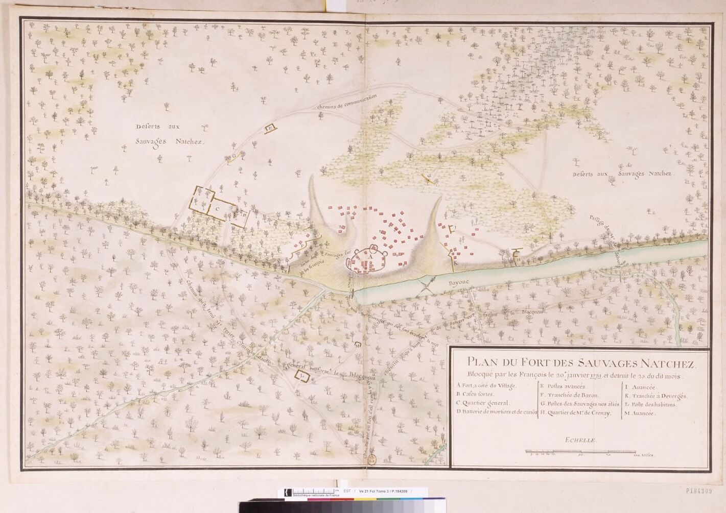 A hand-drawn plan of a fort in woodland beside a stream, with a legend box at lower right.