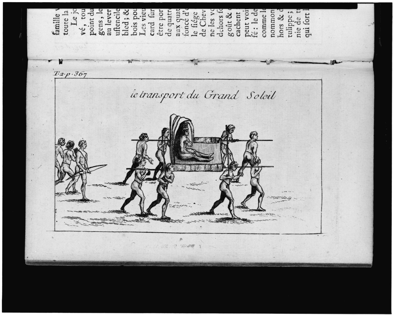 A book page with an etching of a chief seated in a covered litter carried on poles by eight men.