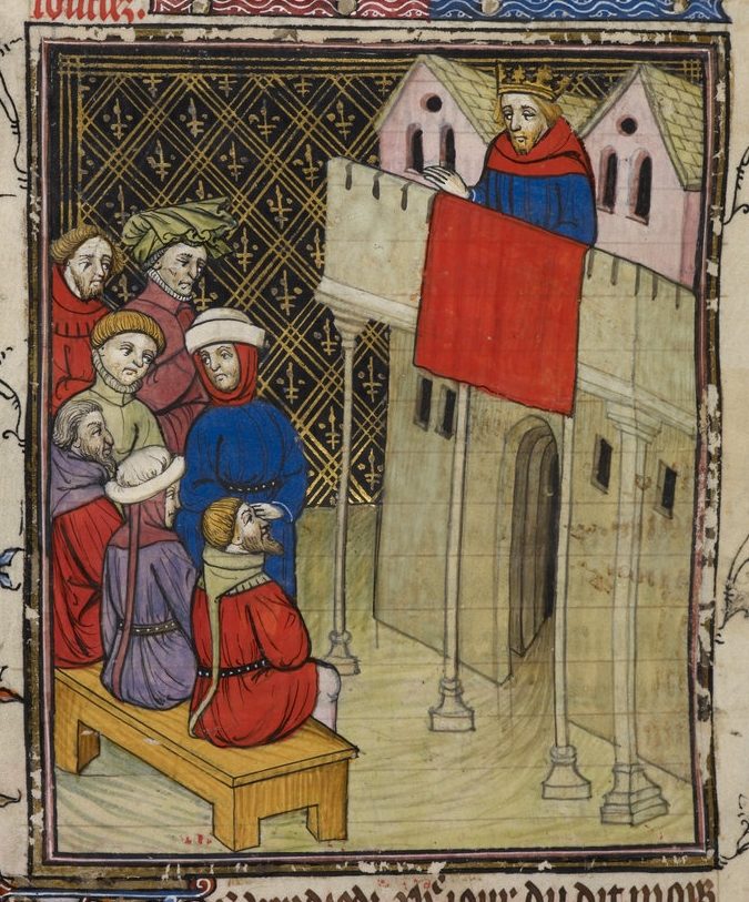 A manuscript miniature of a man in red addressing seated listeners outside a walled town with tall gabled houses.
