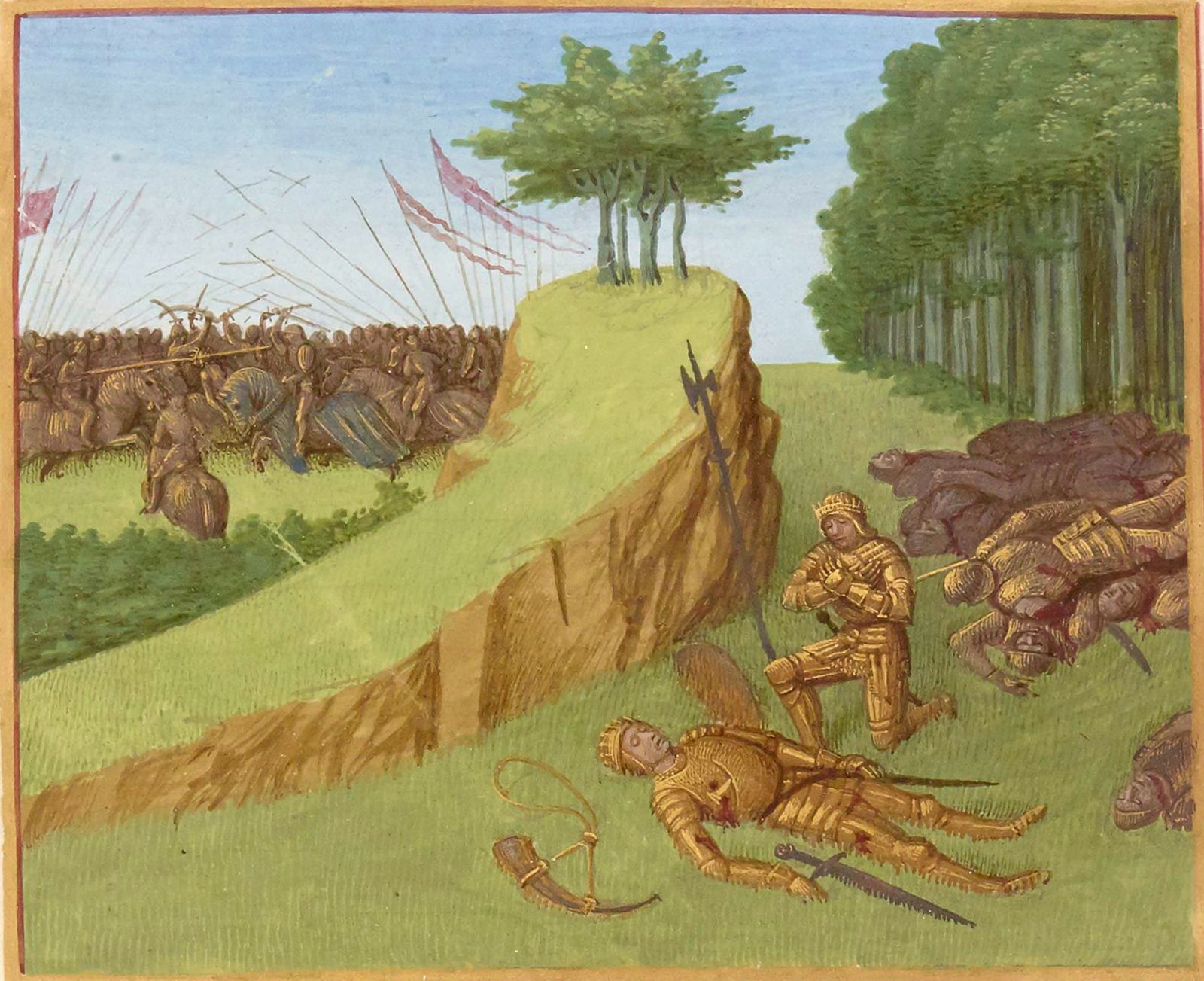 A painted manuscript miniature of a battlefield on a green hillside: armoured dead lying across the slope, a knight kneeling, and armies clashing in the distance.