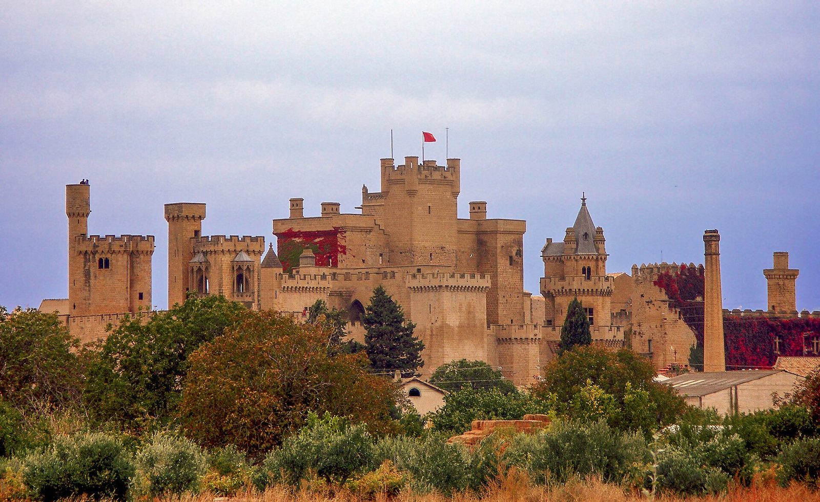 A sprawling castle of honey-coloured stone with many towers and crenellated walls rising above trees.