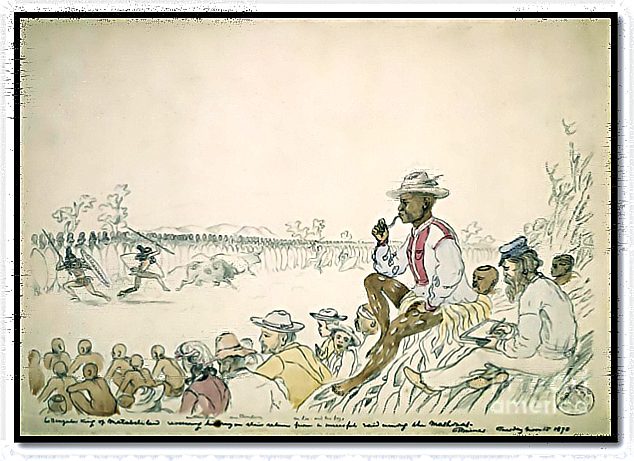 A sketch of a seated man in a hat surrounded by squatting figures, with lines of warriors running past in the distance.