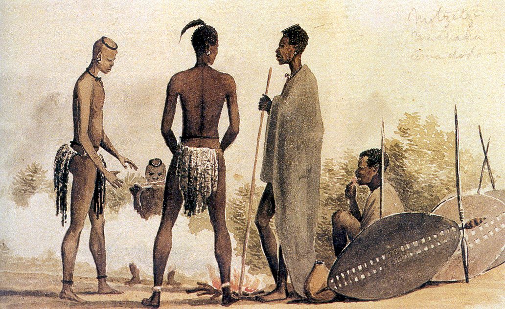 A watercolour of four men around a fire, two in fur kilts with their backs turned, one in a cloak with a spear, large spotted shields beside them.