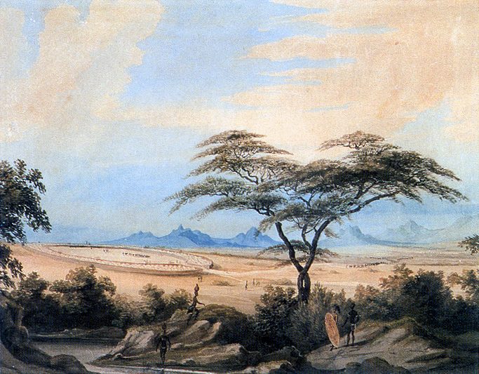 A watercolour of a flat tawny plain with a homestead of huts in the middle distance, an acacia in the foreground and blue hills beyond.