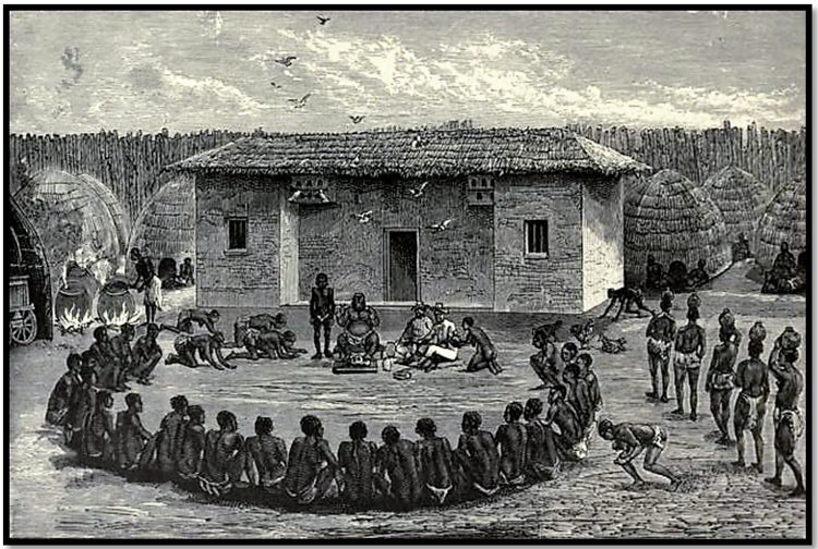 An engraving of a square building with a thatched roof inside a palisade, a ring of seated men and a line of figures approaching.