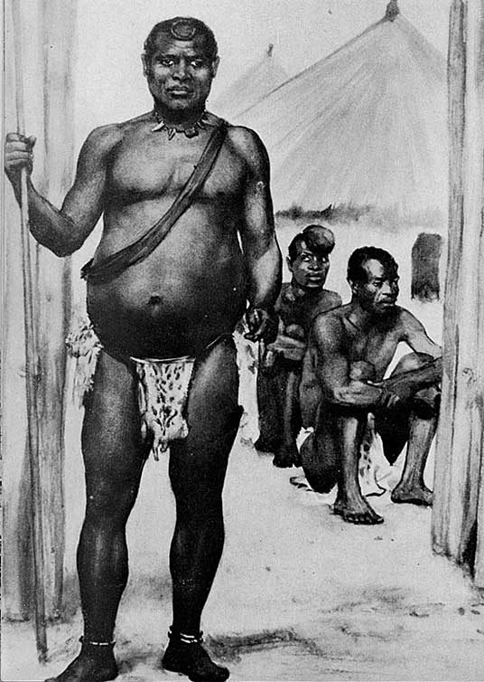 A black-and-white portrait of a heavy man standing in a doorway with a staff, two seated men behind him.