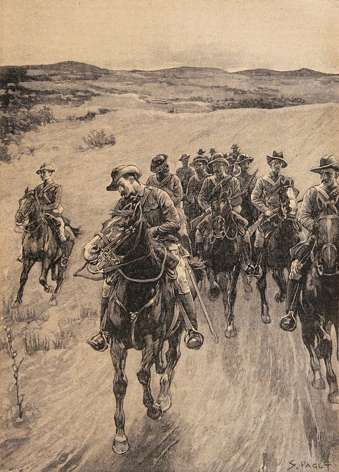 A drawing of mounted men in slouch hats riding at the trot across open grassland.
