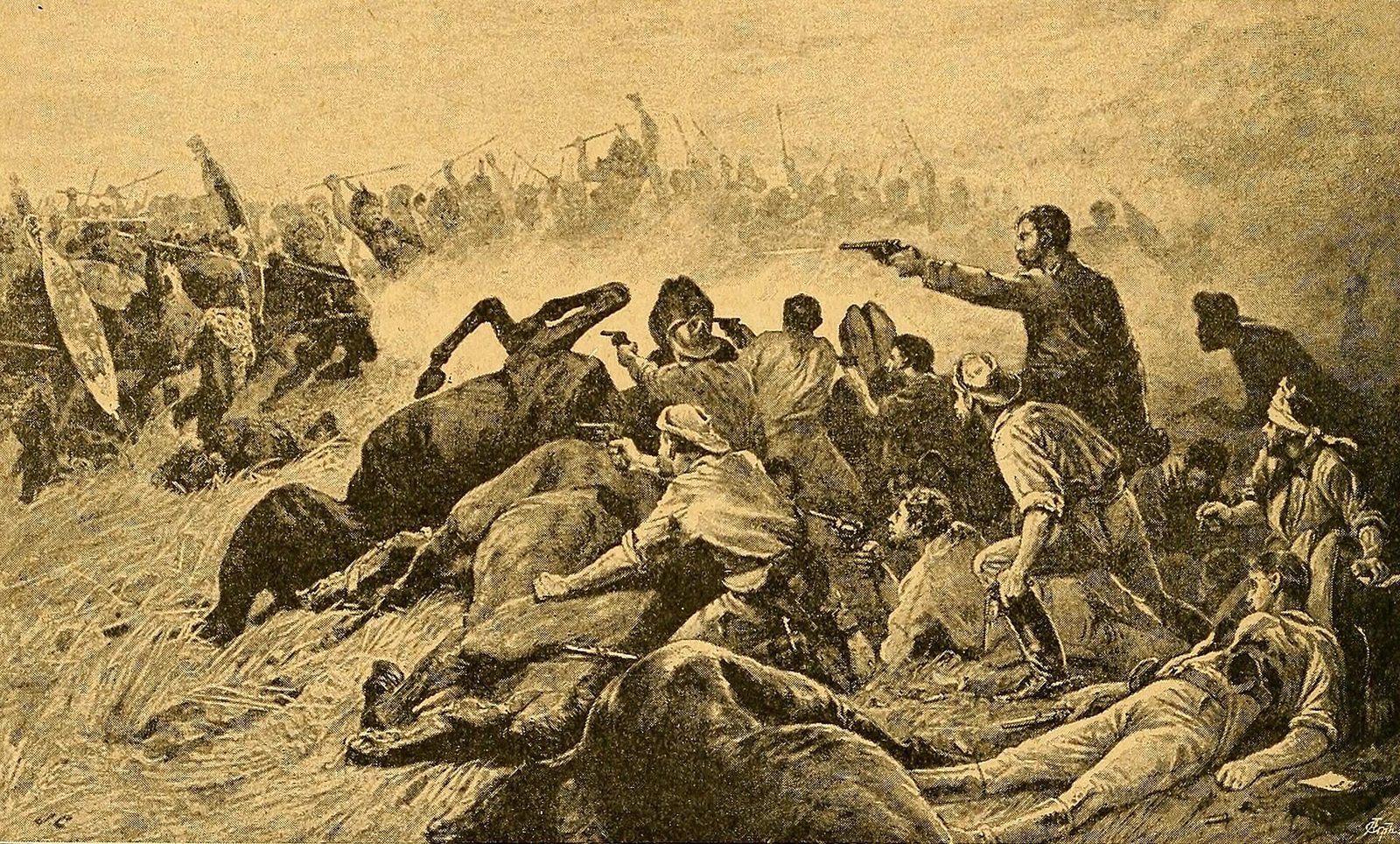A sepia engraving of men firing from behind dead horses as warriors with shields close in around them.
