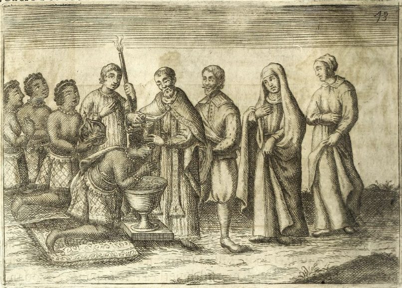 An engraving of a robed woman kneeling before a priest at a font, attendants and Portuguese onlookers around.