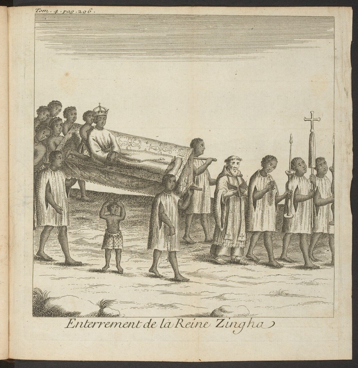 An engraving of a crowned queen lying in state on a bier, carried in procession with priests and a cross.