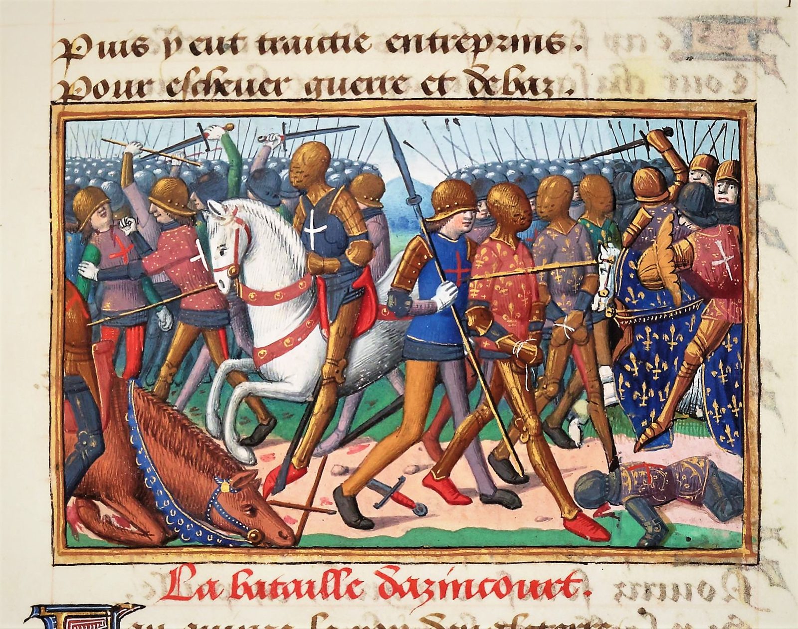 A manuscript painting of armoured knights fighting on horseback and on foot, a red heading below.