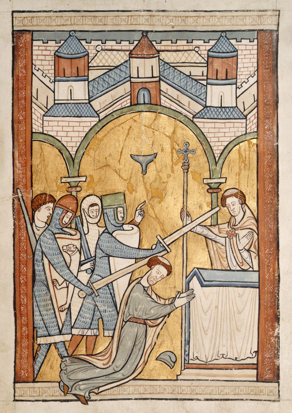 A manuscript painting of armoured knights striking a kneeling archbishop at an altar while a cleric looks on.