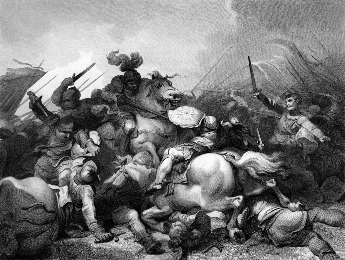 An engraving of a cavalry melee, horses and riders falling.