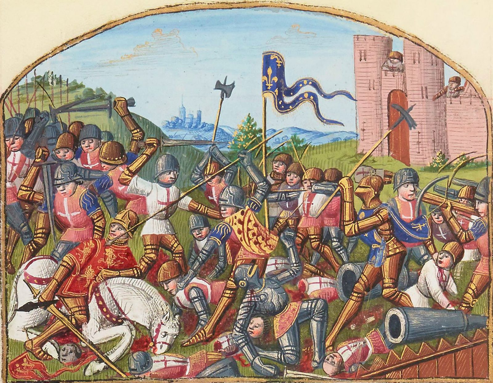 A manuscript painting of a crowded battle with a cannon in the foreground and a castle beyond.