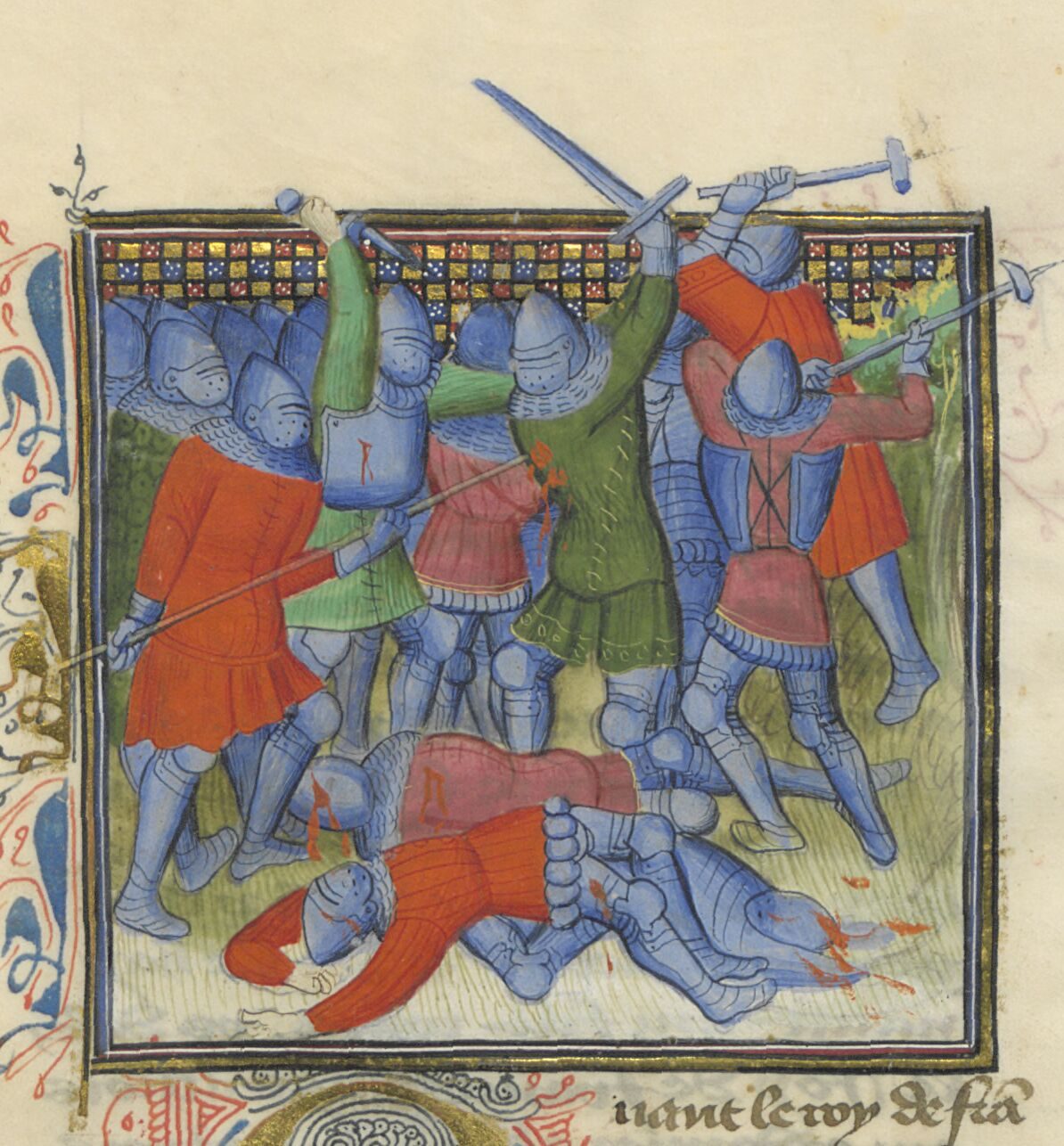 A manuscript miniature of armoured knights in close fighting with swords and a mace, fallen men at their feet.