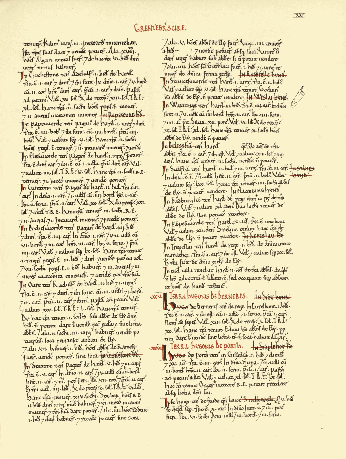 A manuscript page in two columns of dense Latin, with headings in red.
