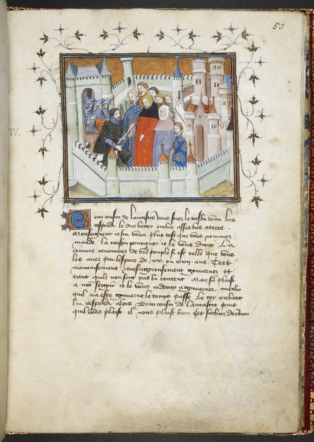 A manuscript page with a miniature of a king meeting armed men before a castle, above French verse.