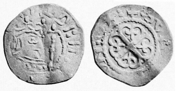 A drawing of both faces of a silver penny, a crowned figure on one side and a cross on the other.