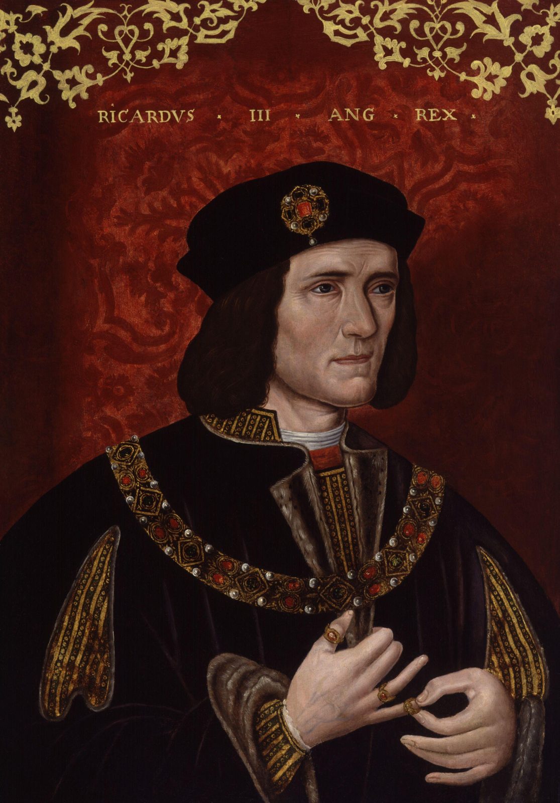 A portrait of a man in a black cap and dark gown, fingering a ring.