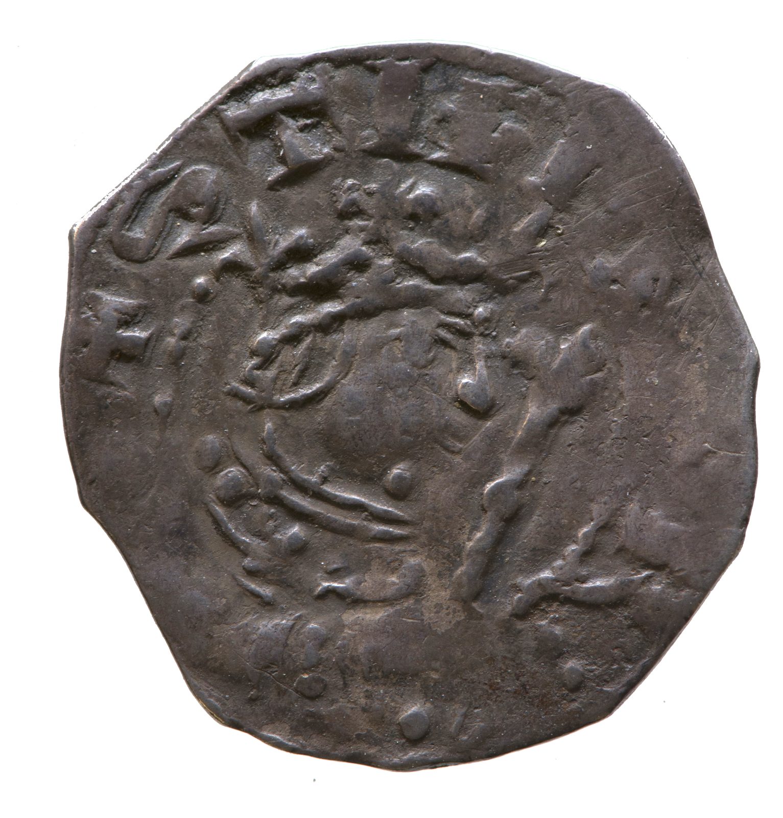 A worn silver penny with a crowned head holding a sceptre.