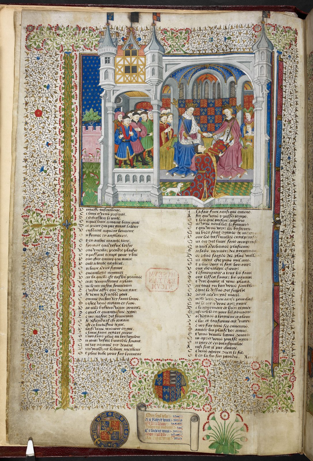 An illuminated manuscript page with a miniature of a man kneeling to present a book to an enthroned king and queen.
