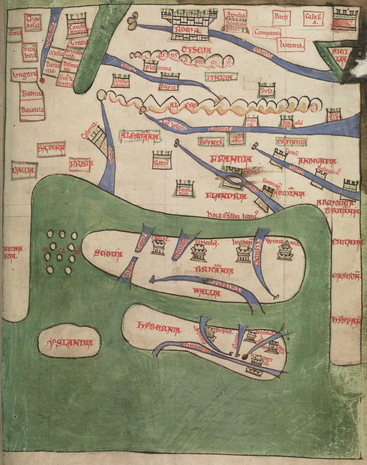A medieval map of Britain and Ireland drawn as green islands crowded with towns lettered in red.