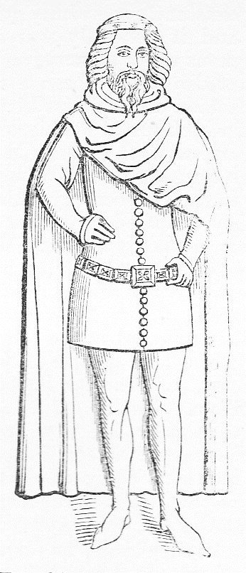A line drawing of a bearded man standing in a long cloak and a buttoned tunic.